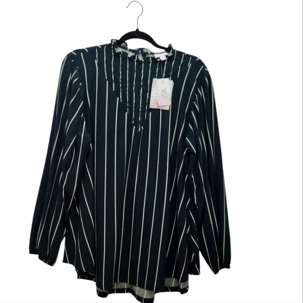 NWT LuLaRoe Clara Smock Blouse Green White Stripes Size M Ruffle Trim Collar